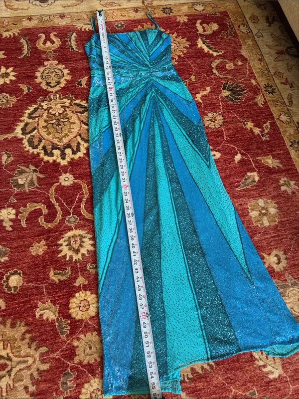 Teal & Blue Ruched Spaghetti-Strap Evening Gown - Image 16
