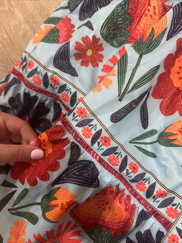 Embroidered Floral Tunic Dress - Blue with Red & Orange Blooms button up - Image 2