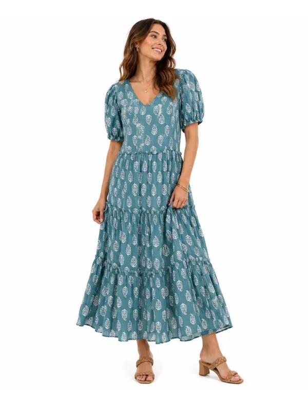 Lucky Brand Women's Teal Puff-Sleeve Tiered Maxi Dress Size Medium Boho Flowy - Image 2