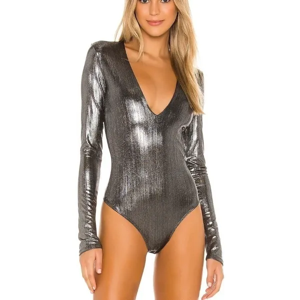 Alix NYC Irving Lamé Bodysuit Small Gunmetal Metallic Deep V-Neck Long Sleeve - Image 13