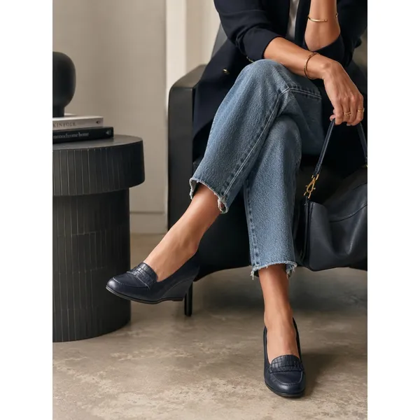 Semler Navy Blue Leather Kiltie Wedge Loafers Womens Size 6 F Made in Germany‎ - Image 2