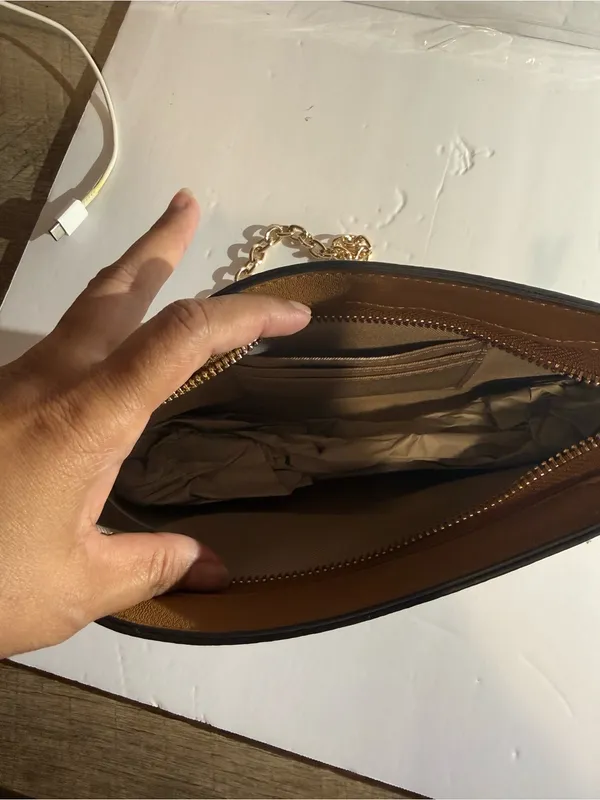 Beige Monogram Crossbody Bag Gold Chain Tan - Image 6