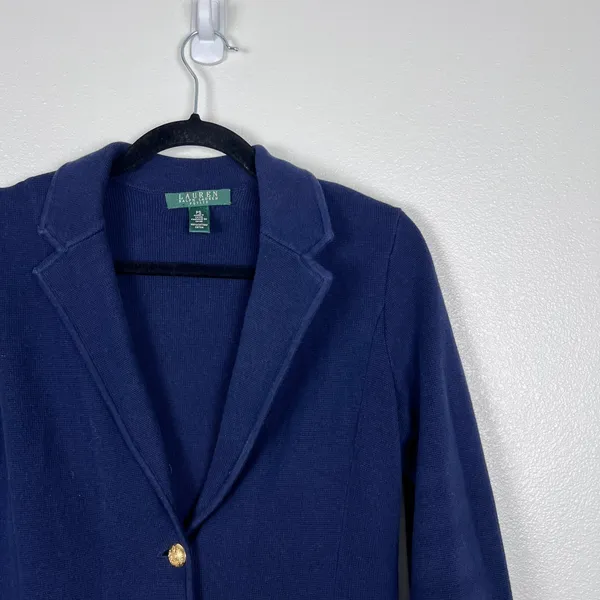 Lauren Ralph Lauren Women‎ Navy Knit Cotton Blazer Gold Button Jacket PS - Image 3