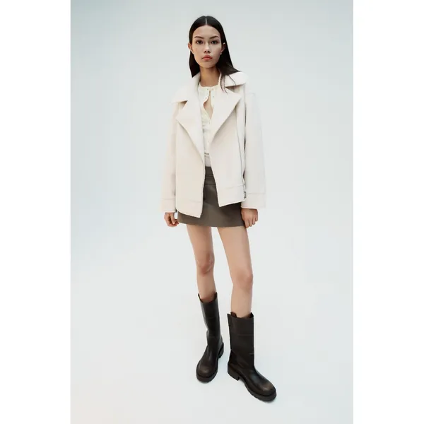 Zara Biker Jacket Women Medium White Boucle Asymmetric Zip Oversized Minimalist - Image 2