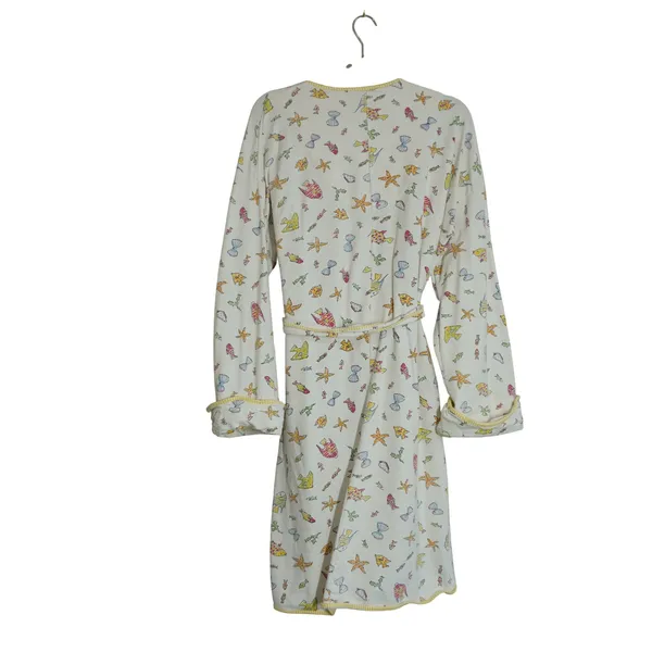 Vintage Prima Donna Cotton Robe Small Fish Starfish Print Yellow Trim Beach 90s - Image 7