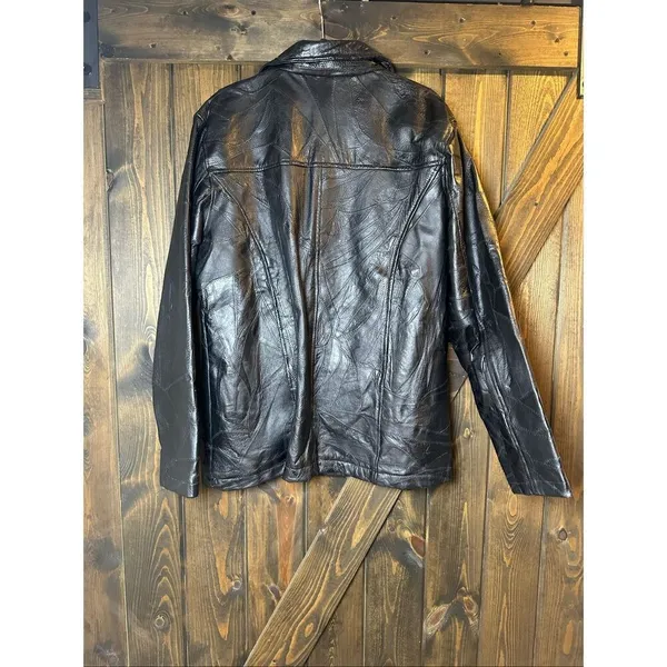 Cellini Leather Coat Stitch Mosaic Patch‎ Button Up Jacket Black Size 2X - Image 2
