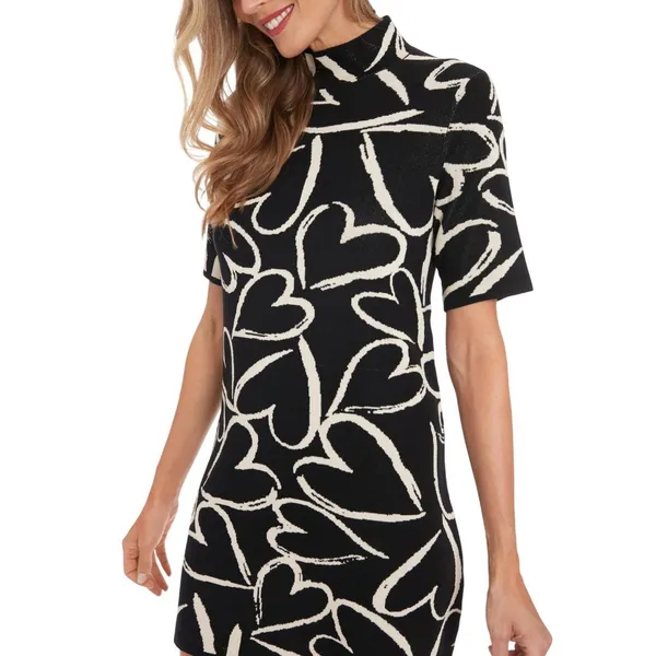 NWT London Times Mockneck Short Sleeve Mini Sweater Dress Black / White Hearts M - Image 4