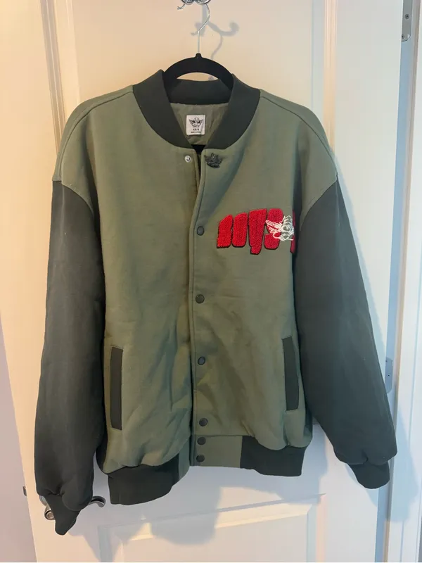 Boys Lie B Shock Olive Green Two-Tone Varsity Jacket with Red Patch - Image 4