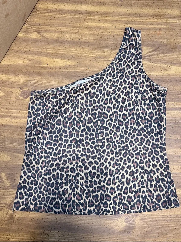 One-Shoulder Leopard Print Women's Top - Brown asymmetrical sequins - Image 6