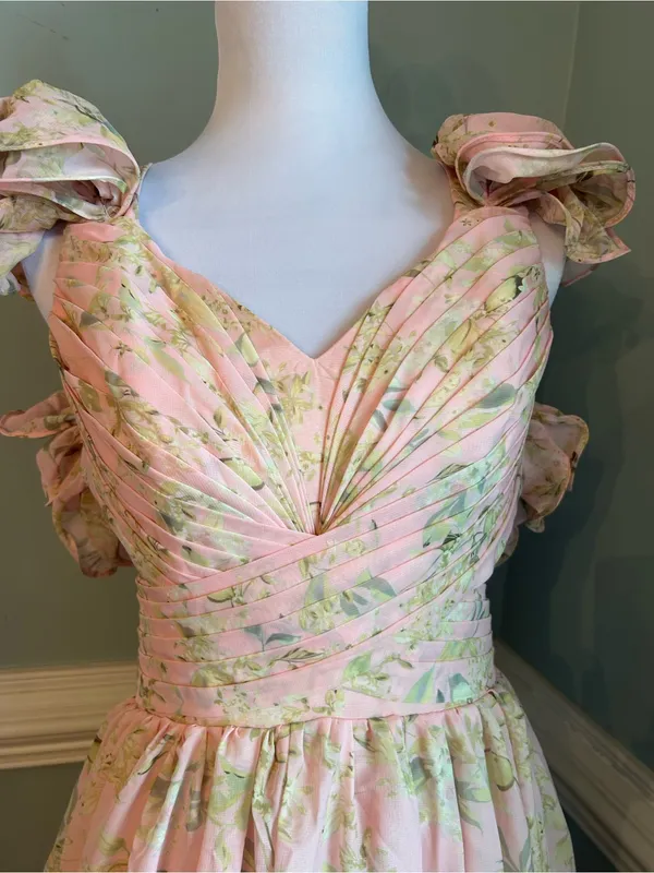 Romantic Pink Floral Maxi Dress with Puff Sleeves size 2 - Image 2