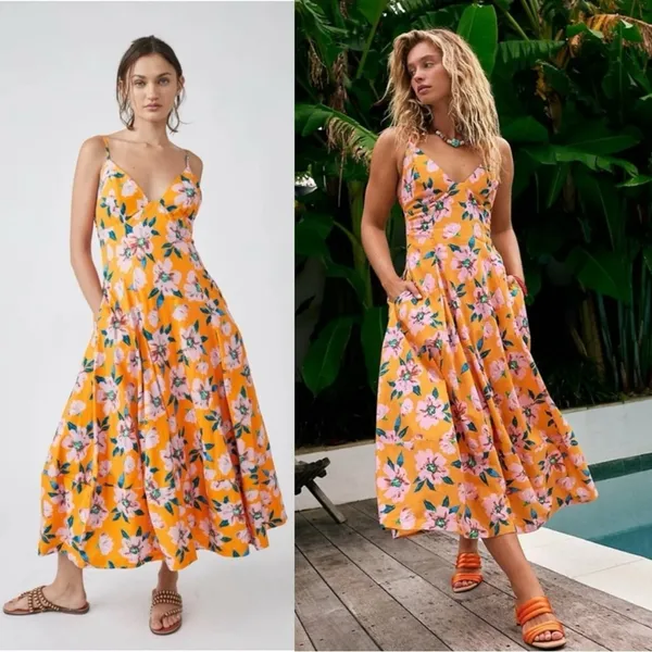 Free People Finer Things Printed Halter Midi Dress Sunshine Combo Medium - Image 10