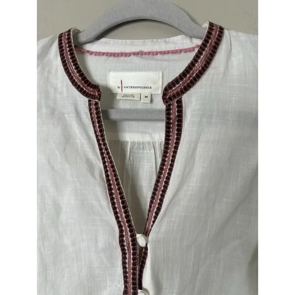 Anthropologie Simona Top‎ Womens XS White Pink Embroidered Floral Puffy Sleeve - Image 7