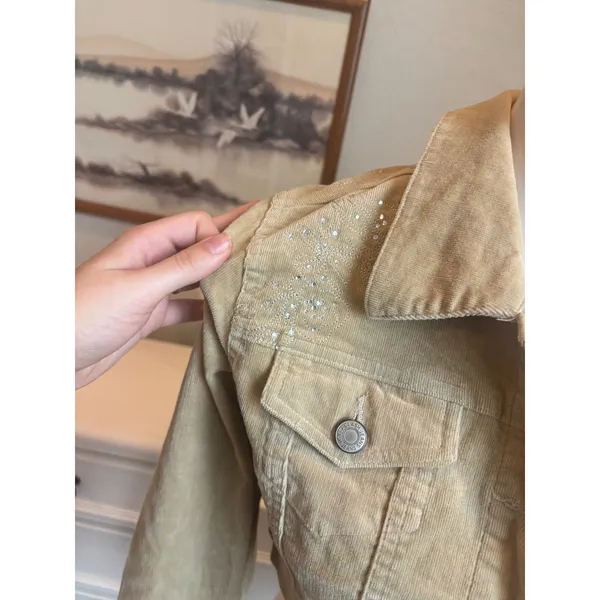 Cropped Corduroy Jacket Tan Beige Rhinestone Y2K Vintage Style Trucker XS NWT - Image 2