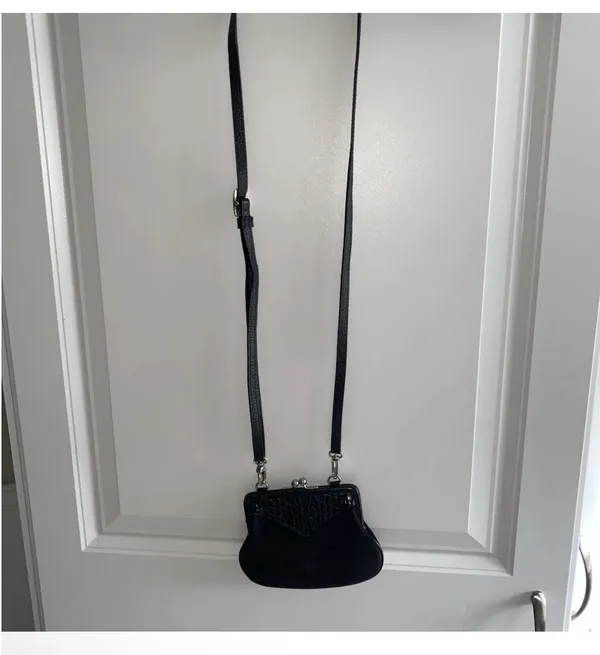 BRIGHTON Mini Purse Bag Rhinestone Heart Black Suede Leather Crossbody - Image 10