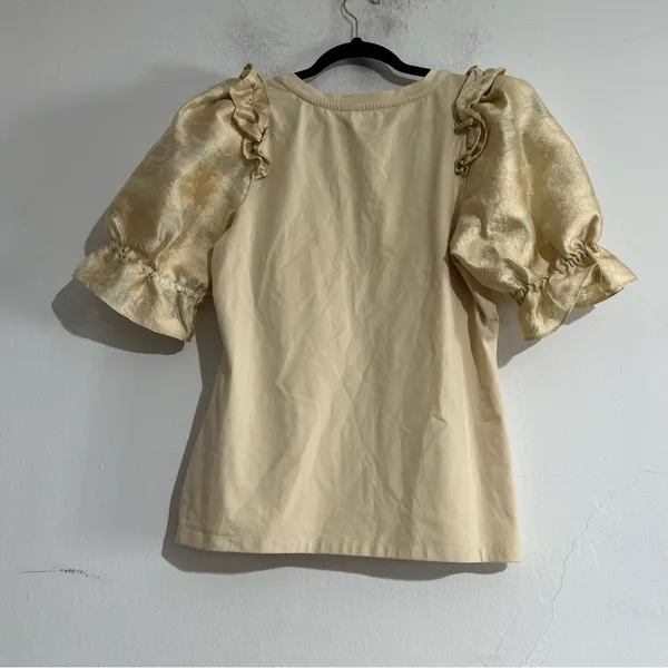 Anthropologie Short Sleeve Brocade Embossed Ruffle Tee Large Office Work Boho - Image 4