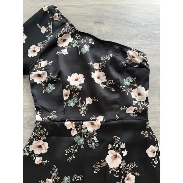 Abercrombie & Fitch Women's One Shoulder Black Satin Floral Mini Dress Size XS - Image 4