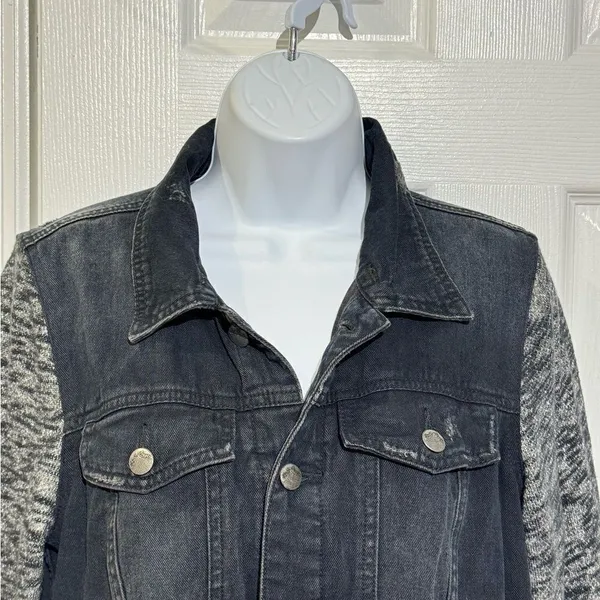 Free People Black Distressed Denim‎ Jacket with Knit Sleeves size M - Image 2