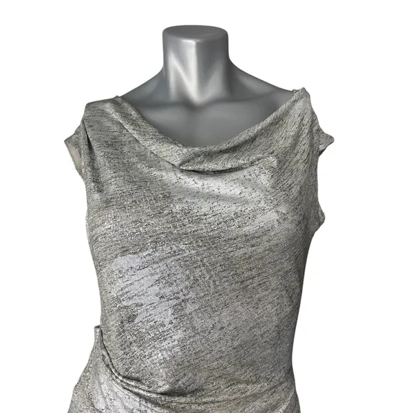 Vince Camuto Women's Silver Metallic Ruched Mini Dress 6 Sheath Cowl Neck - Image 5