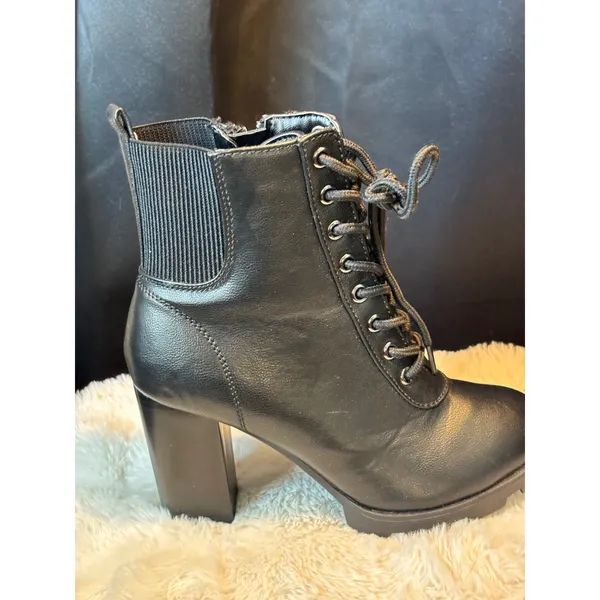 Black Lace Up Block Heel Ankle Boots Lug Sole Side Zip Booties PILATE-13 7.5 - Image 2