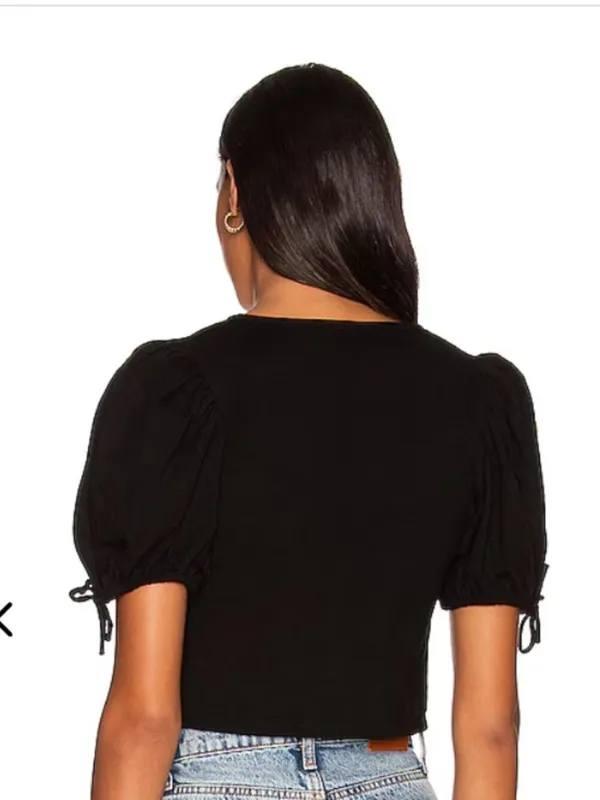 Free People Kitty Tee Black Cropped Puff Sleeve Tiered Tie-Front Closure Size XS - Image 12