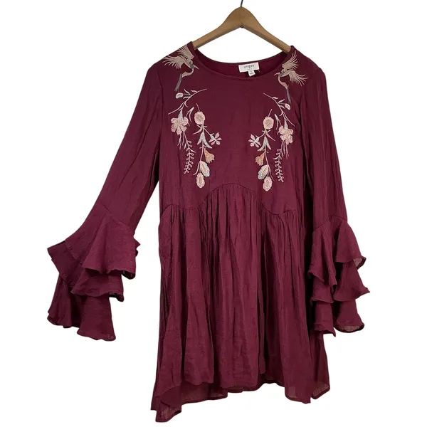 Umgee Burgundy Embroidered Floral Bird‎ Boho Mini Dress Ruffle Bell Sleeve Small - Image 3