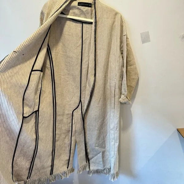 Zara Woman 100% Linen Striped Duster Coat Whipstitch Trim Beige XS Open‎ Front - Image 8