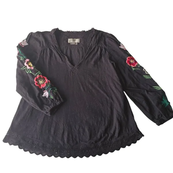 Anthropologie -531‎ Helene Embroidered Peasant Blouse Black Floral Size Small - Image 3