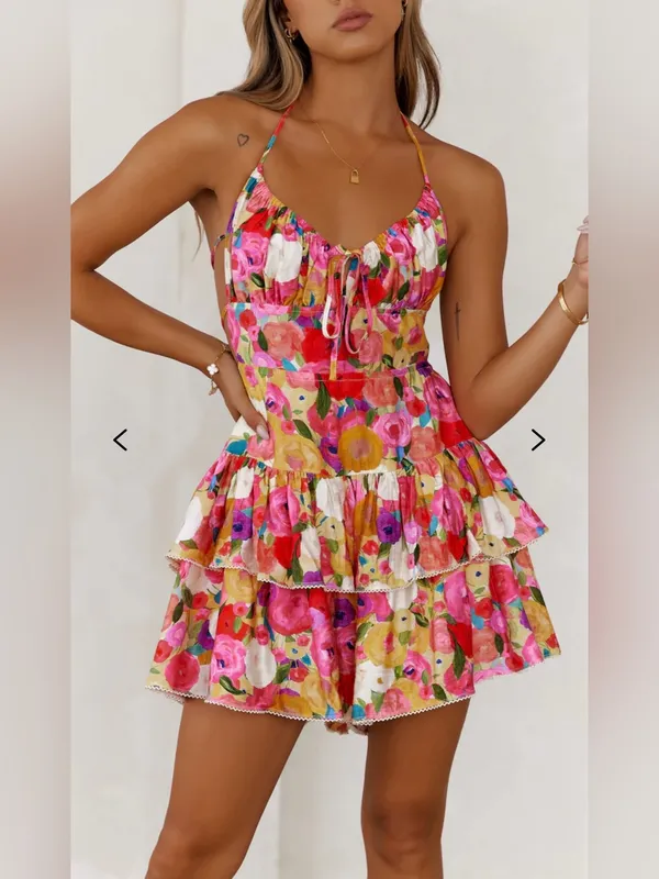 NWT Luxxel Pink Multi Floral Ruffle Tiered Mini Dress - Image 2
