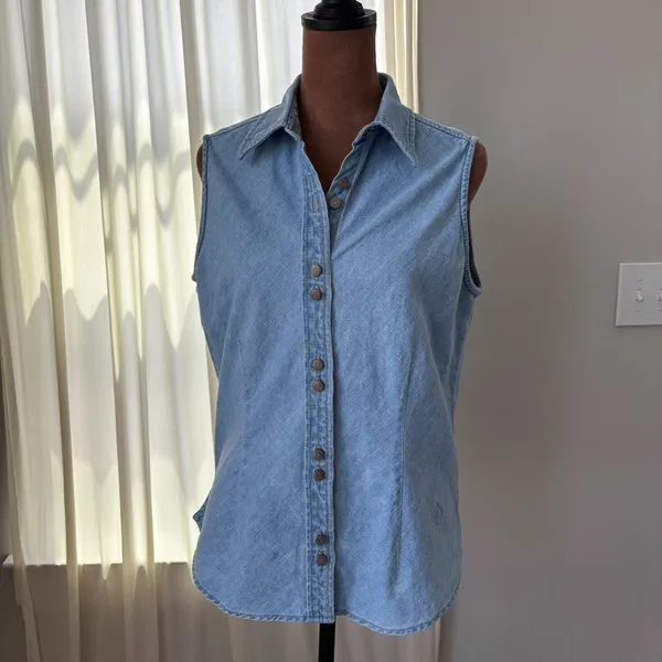 90s Vintage Bill Blass Denim Top M Button Front Western Cottage Coastal Grandma - Image 4