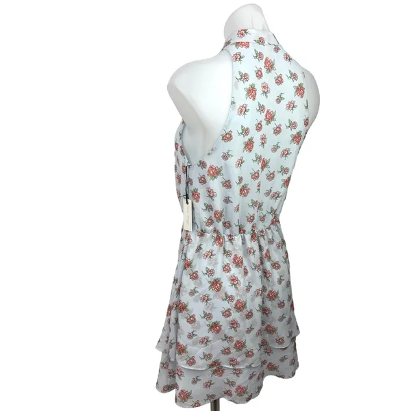 NEW Revolve x Lovers & Friends Blue Floral Tiered High Neck Tie Mini Dress Sz S - Image 5