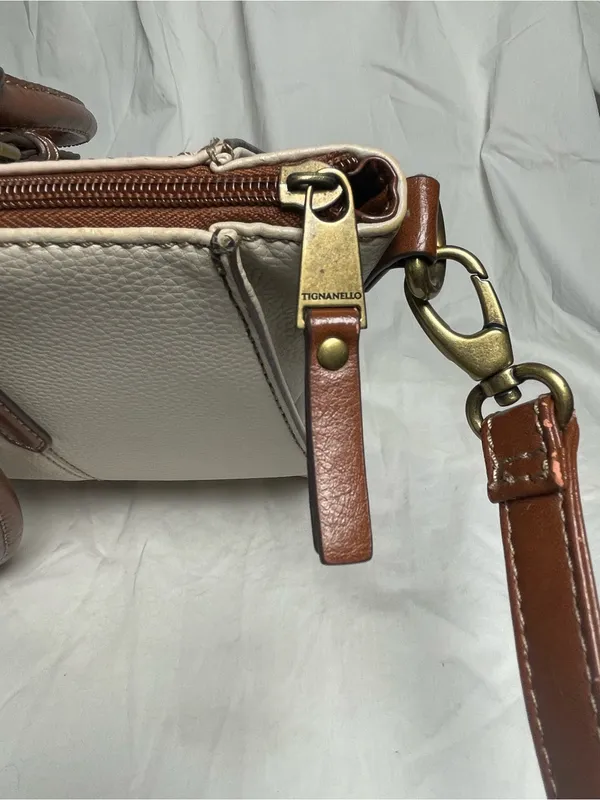 Tignanello Purse two-tone leather handbag Cream and Tan Satchel Shoulder Bag - Image 2
