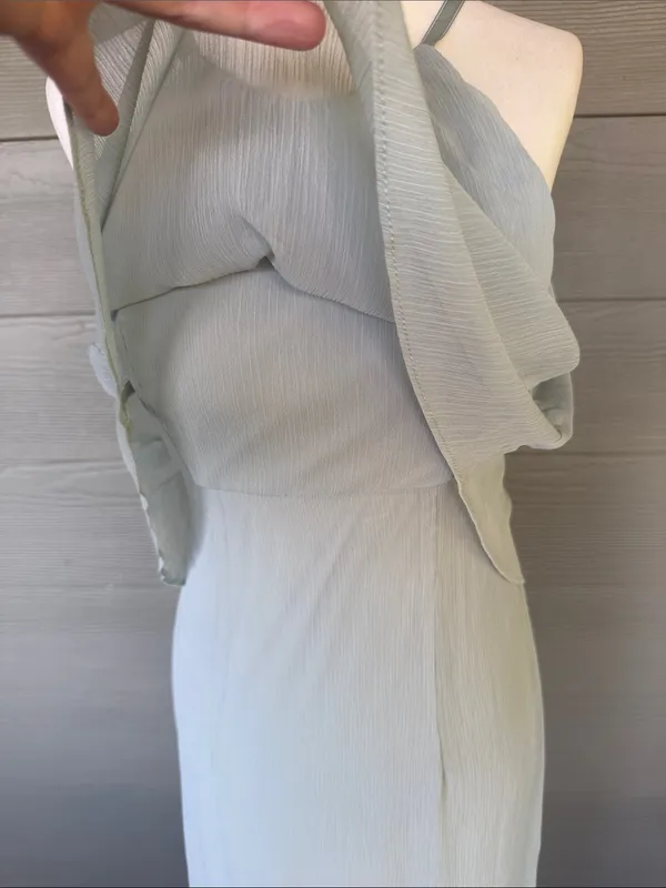 David’s Bridal Flounced Crinkle Chiffon Sheath Bridesmaid Dress in Dusty Sage - Image 3
