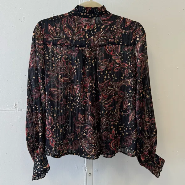 NWT Mango Floral Paisley Metallic Contemporary Ruffle‎ Sheer Blouse Blk Burgundy - Image 2