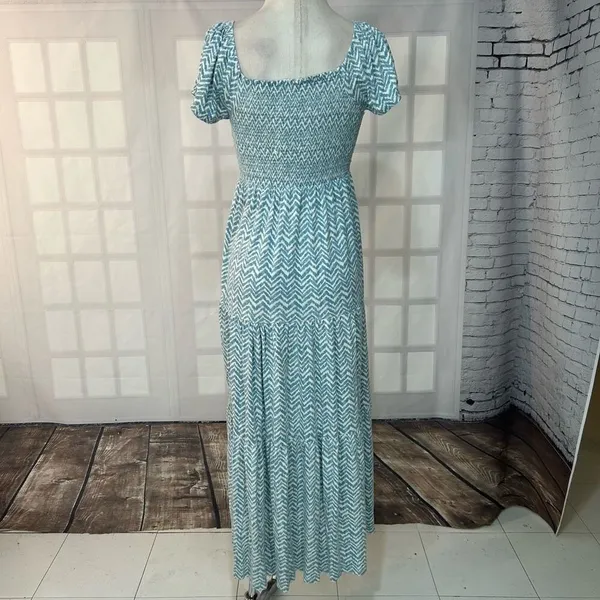 Daily Practice Anthropologie Blue and White Chevron smocked tiered Maxi Dress Si - Image 7
