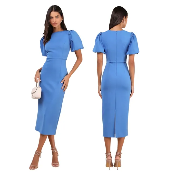 Lulus Simply Beloved Blue Puff Sleeve Bodycon Midi Dress size XXL NWT - Image 2