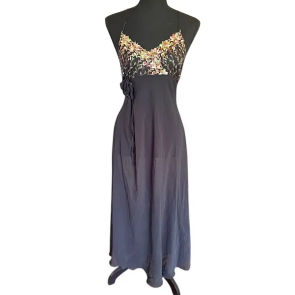 Miss Salma Sheer Black Floral Embroidered Nightgown Slip Dress Medium - Image 2
