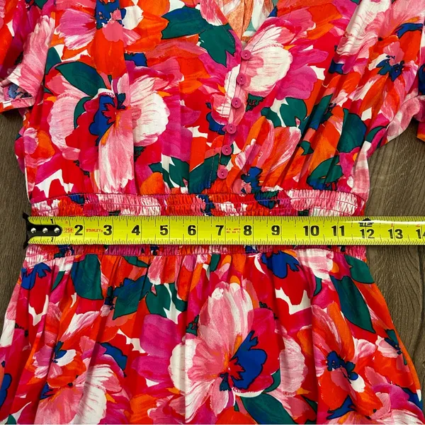 Anthropologie Abel the Label Red Pink Floral Smocked Waist Hi Lo Ruffle Dress M - Image 10