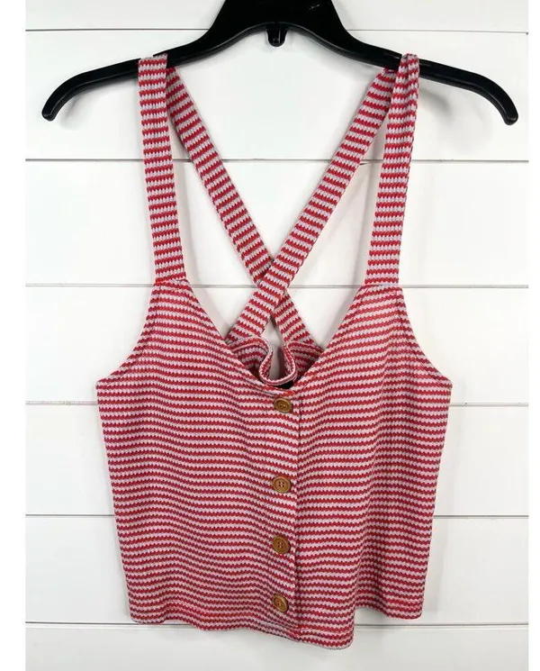 Lumiere Red Blue Striped Cross-Back Button-Front Tank Top Size M Cropped - Image 2