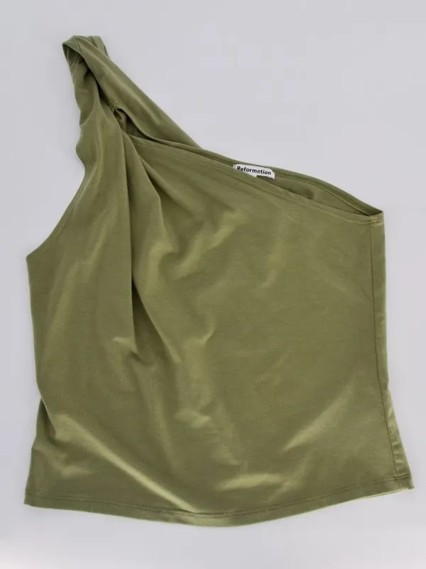 Reformation Sianna Knit Top One Shoulder Olive Green Medium - Image 2