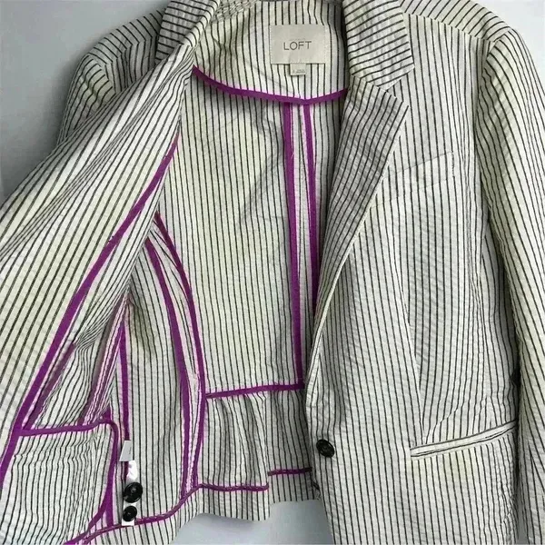 Ann‎ Taylor Loft Women's Blazer Jacket Ivory/White and Black Stripes Size 8 - Image 14