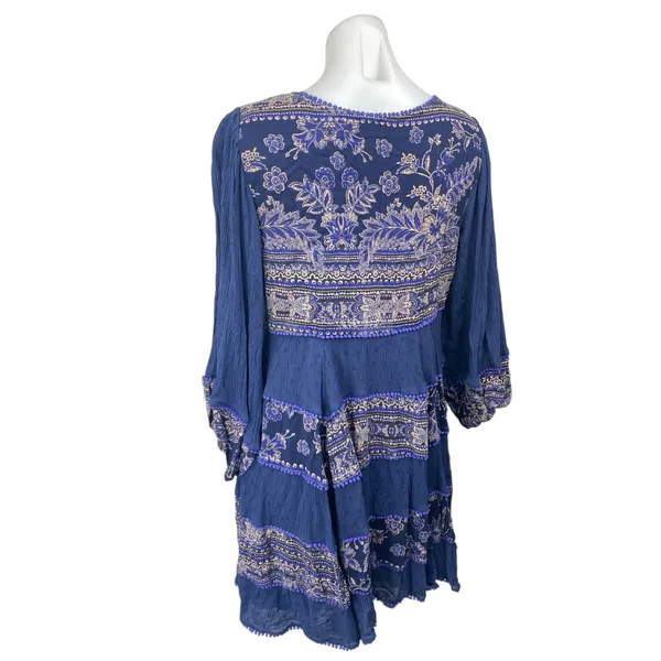 Free People My Love Blue Floral Boho Long Balloon Sleeve A Line Mini Dress Sz L - Image 3