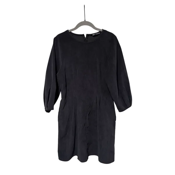 Zara Women’s Black Faux Suede Shift Dress Balloon Sleeve Back Zip Size Medium - Image 2