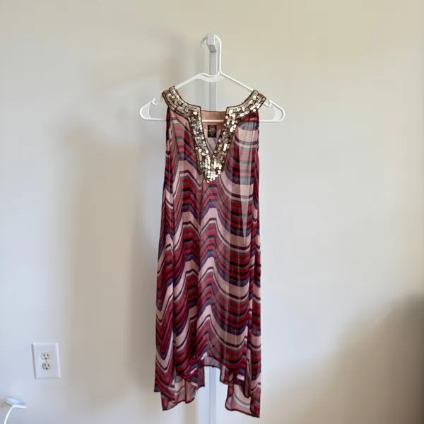 Free People EUC Women's Chevron Striped Mini Dress Sheer Chiffon Sequin Neck L - Image 2
