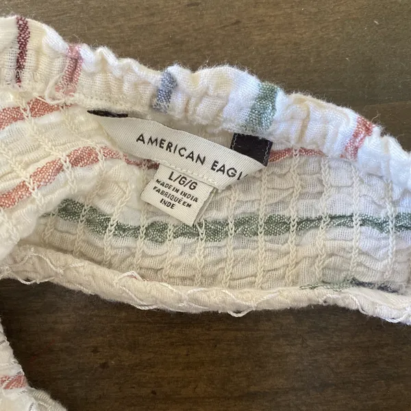 American Eagle‎ One Shoulder Smocked Top Womens Size L Cream Striped Ruffle Boho - Image 5