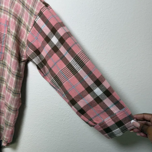Vanilla Bay‎ Women Button Front Shirt Flannel Pink Brown Patchwork Cabin Western - Image 4