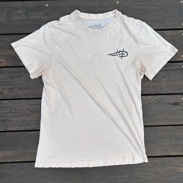 Reel Life Pale Pink Short Sleeve Graphic Tee T-Shirt w/ Purple/Blue Fish Design - Image 3