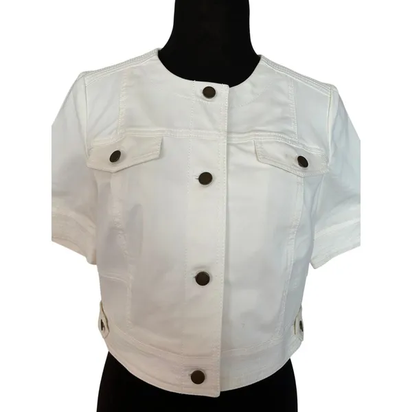 Cache White Cotton Blend Front Button Short Jacket Top Lined Side Tab NWT $118 - Image 2