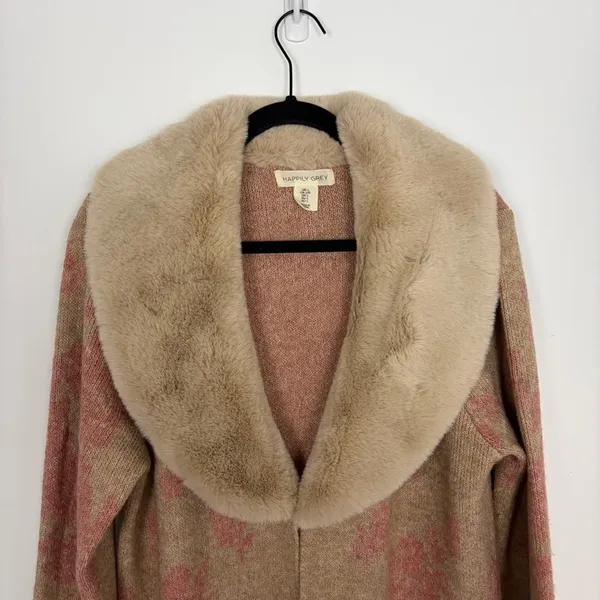 Happily Grey Long Cardigan Faux Fur Neckline Pink Tan Elevated Indie Glam Large - Image 2