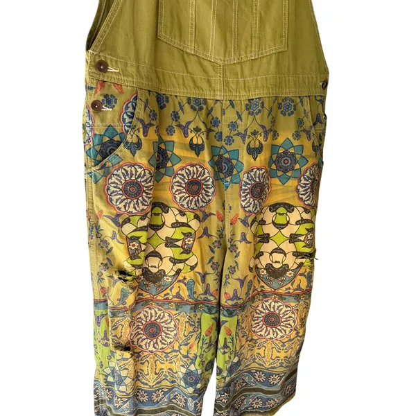 Vintage Distressed Boho Floral Overalls | Olive Green Cotton | One Size - Image 4