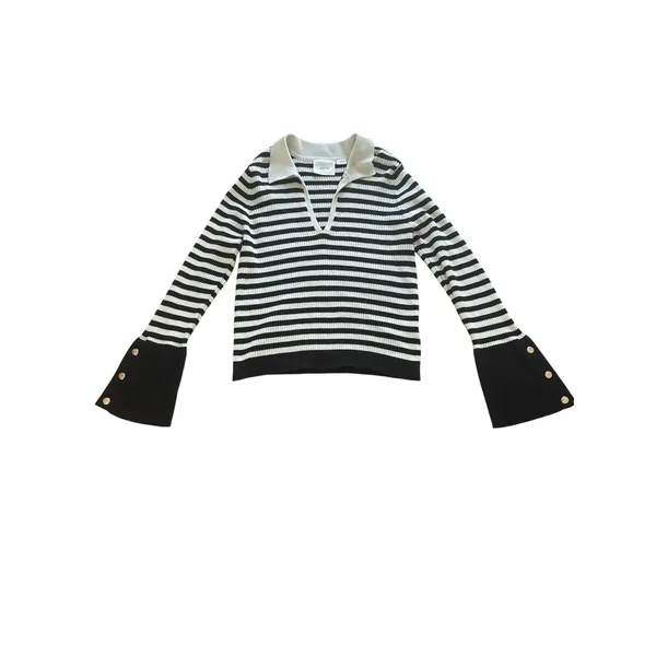 Maeve Anthropologie Collared Sweater XL Black White Striped‎ Gold Button Cuffs - Image 2